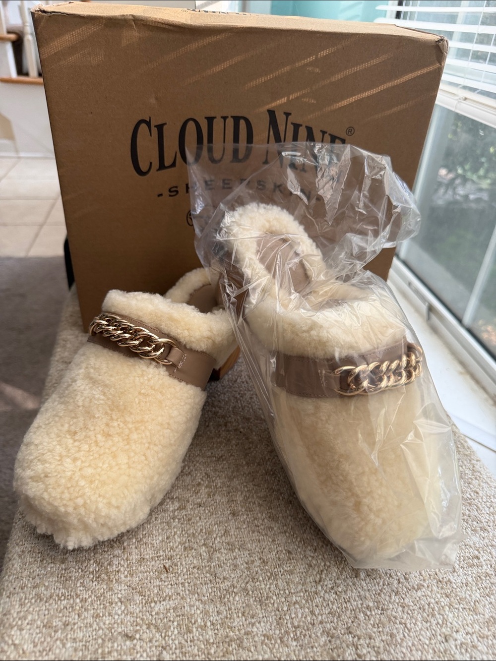 Cloud 9 Cream Faux-Shearling Mules with Gold Chain Trim